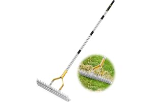 Trydream Thatch Rake, 15 Inch Wide Lawn Thatching Rakes for Cleaning Dead Grass, Efficient Metal Steel Lawn Dethatcher with Sponge Handle, Lawn loosening Soil Grass Rake (Silver)