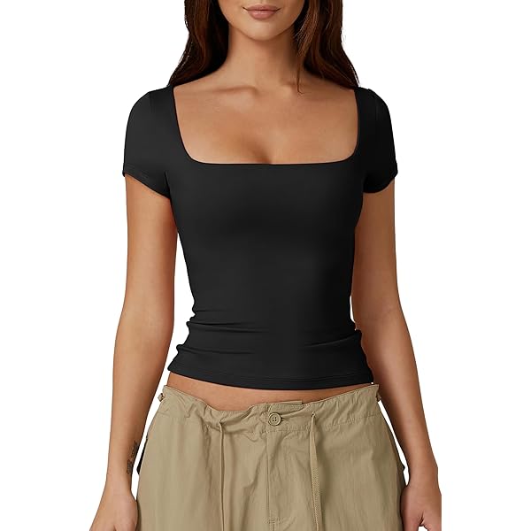 QINSEN Women's Sexy Twist Front V Neck T Shirts Double Lined Short
