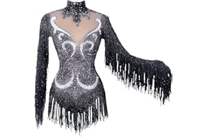 Tyian Sexy Sparkly Diamante Pearl Long Sleeves Fringe Women Bodysuit Team Performance Dance Club Pole Dance Drag Queen Outfit