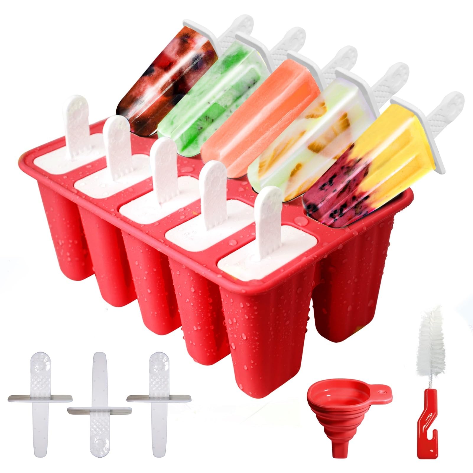 Ice Lolly Moulds with Sticks,10-Hole Silicone Popsicle Moulds, Non-Stick Ice Cream Moulds with Cleaning Brush and Folding Funnel, BPA Free