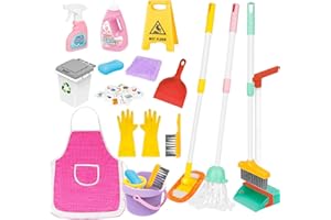deAO Kids Cleaning Set 17 Pcs,Toy Cleaning Set Includes Broom,Mop,Brush,Dust Pan,Duster,Sponge,Clothes,Spray, Bucket, Caution Sign,Pretend Housekeeping Play Set