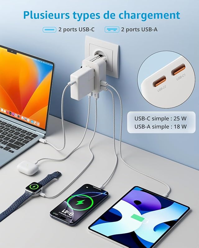 “Air” Adaptateur Prise Universelle avec 2 USB-C(PD 25W) ＆ 2 USB-A — photo 2 sur 8