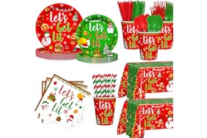 AIBIIN 194 Pcs Christmas Party Supplies Decorations Friendsmas Christmas Party Decorations Let's Get Lit Santa Snowman Disposable Tableware Set with Plates Napkins and Tablecloth Serves 24 Guests