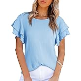 Dokotoo Womens Tops Ruffle Short Sleeve Crewneck Shirts Solid Casual Loose Babydoll Blouses
