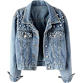 BVNTBZC Women Pearl Denim Jacket Embroidered Beading Jeans Coat
