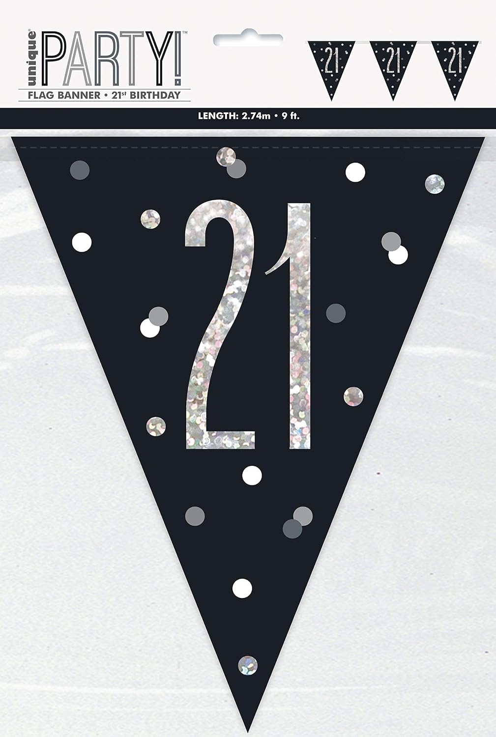 Unique Party 83425-9ft Glitz Black & Silver 21st Birthday Bunting Banner, Age 21