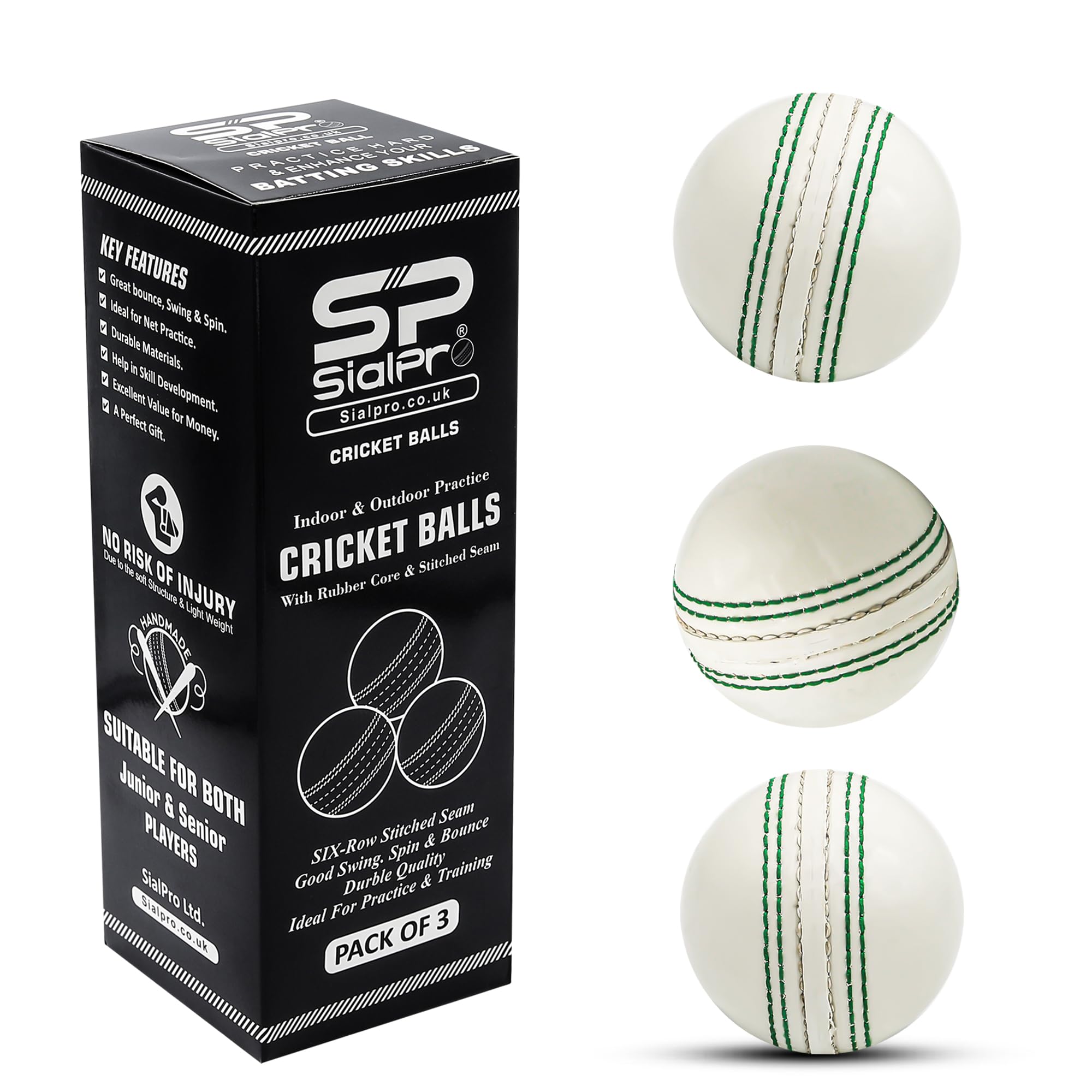 SialPro Soft Cricket Rubber Ball Set Indoor/Outdoor for Junior Youth Adult Training, Coaching, Practice Excellent Bounce with Durable Traditional Seams Stitched (White 3 Pack)