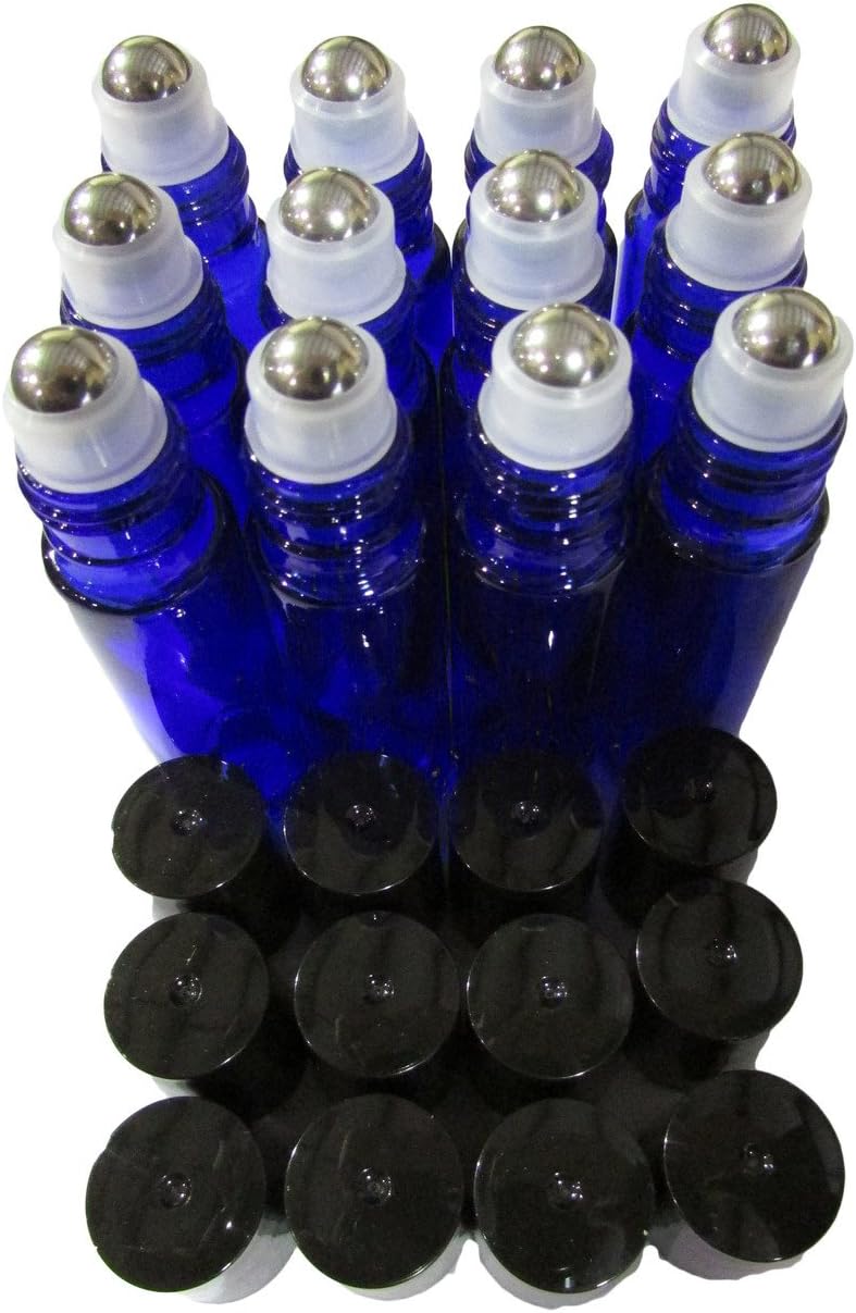 12 10 ML Blue Glass Roller Bottles with Stainless Steel Ball Insert and Black Caps