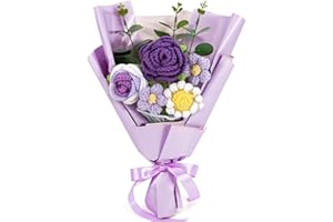 Omldggr Crochet Flowers Bouquet, Knitted Rose Daisy Bouquet with Exquisite Purple Wrap Eternal Blessing for Christmas Mother'
