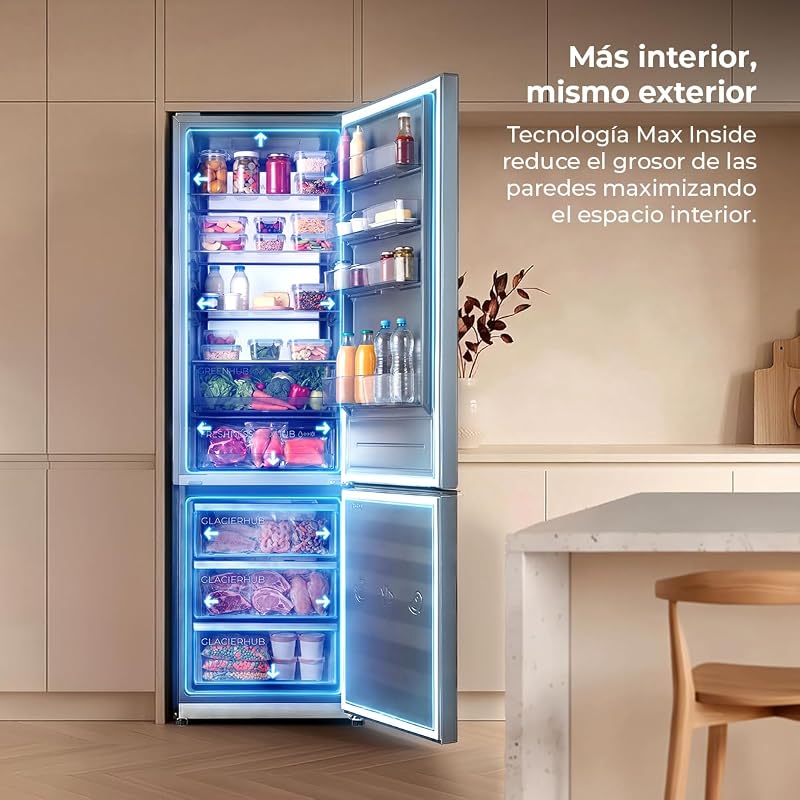 Bolero CoolMarket Combi 405 WL Elite Inox D. Total NoFrost Combi Frigorífico D. 200 cm de altura, 60 cm de largura, Classe D, arrefecimento MetalFlex, Fresh Flex, interior em cinzento Elite, Inox