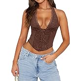 UNCOOYEE Women Sexy Lace Halter Neck Tank Top Sleeveless Backless Y2k Trendy Going Out Corset Crop Tops