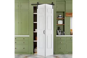 JUJUBON 24" x 84" Paintable Bifold Barn Door, No Assembly Required, 6 Panels Bi-Fold Sliding Closet Doors with Hardware Kit Included, 28" Track Kit for 2 Doors, Pre-Drilled Holes, White