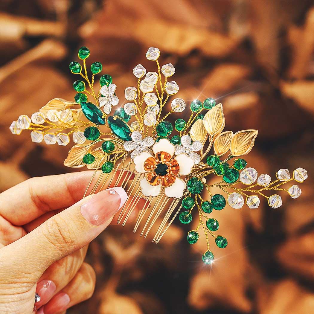 IYOU Sparkly Crystal Wedding Hair Comb Green Flower Bridal Hair Accessories Beads Leaf Prom Headpiece for Brides and Bridesmaids