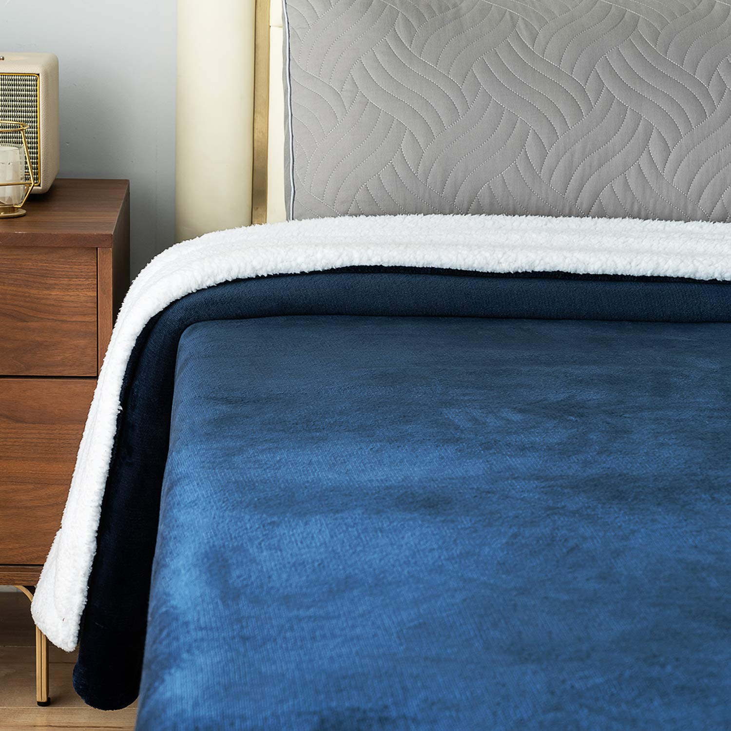 BUZIO Sherpa Fleece Blanket for Kids and Adults, Fuzzy Throw Blanket with Soft Plush Flannel, Dual Sided Throw Size Cozy Fluffy Blanket Microfiber, 60 x 80 inches, Navy Blue