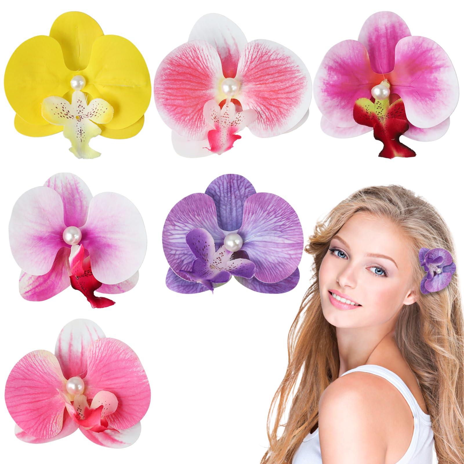 Photo 1 of 6PCS Hawaiian Flower Hair Clips, Stylish Butterfly Orchid Hair Clips, Beautiful Flower Accessories, Suitable for Beach Party Vacation, Suitable for Ladies Girls