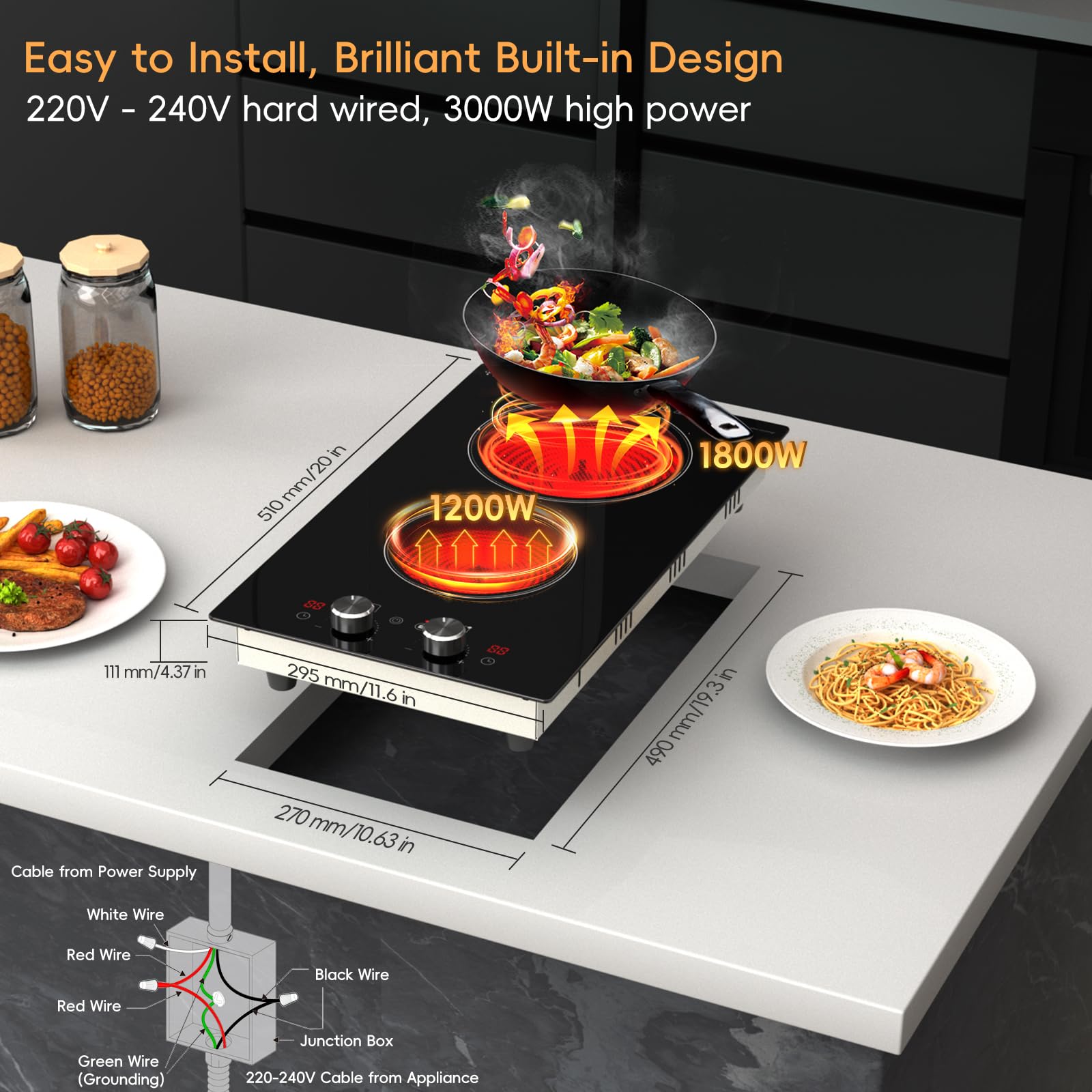 2 Burner Electric Cooktop 220-240V, 3000W Radiant Electric Stove Top with Built-in Design, 12 inch Knob Control Ceramic Cooktop with Safety Lock, 9 Level Power, Timer - Hard Wire