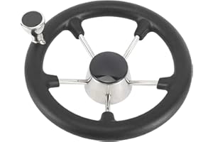 NovelBee 11-1/2 Inch Stainless Steel 5 Spoke Boat Marine Destroyer Steering Wheel with Black PU Foam (With Knob)