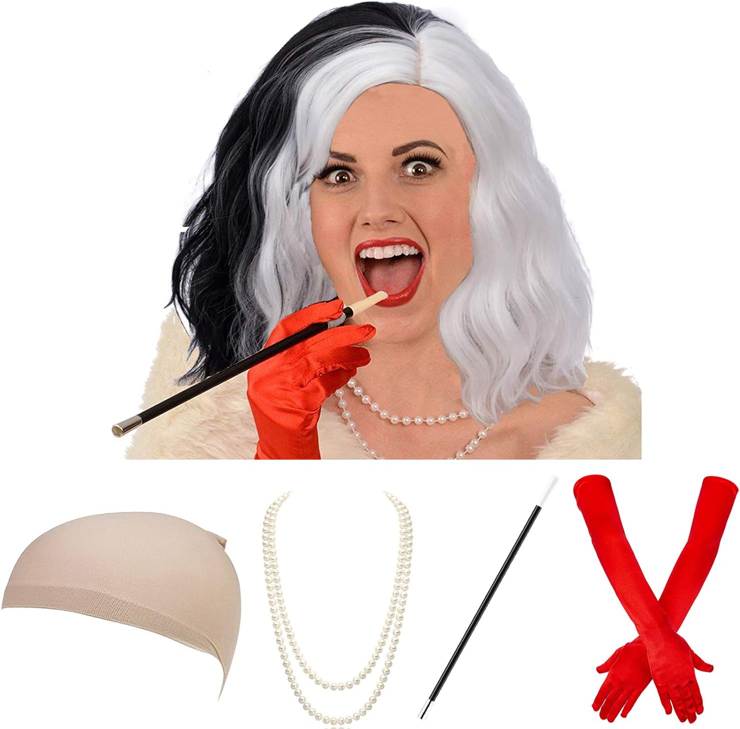 Ms. Spot Wig,Women's Dalmatian Diva Cruella Dalmatians Dog Wig Costume Accessory Set