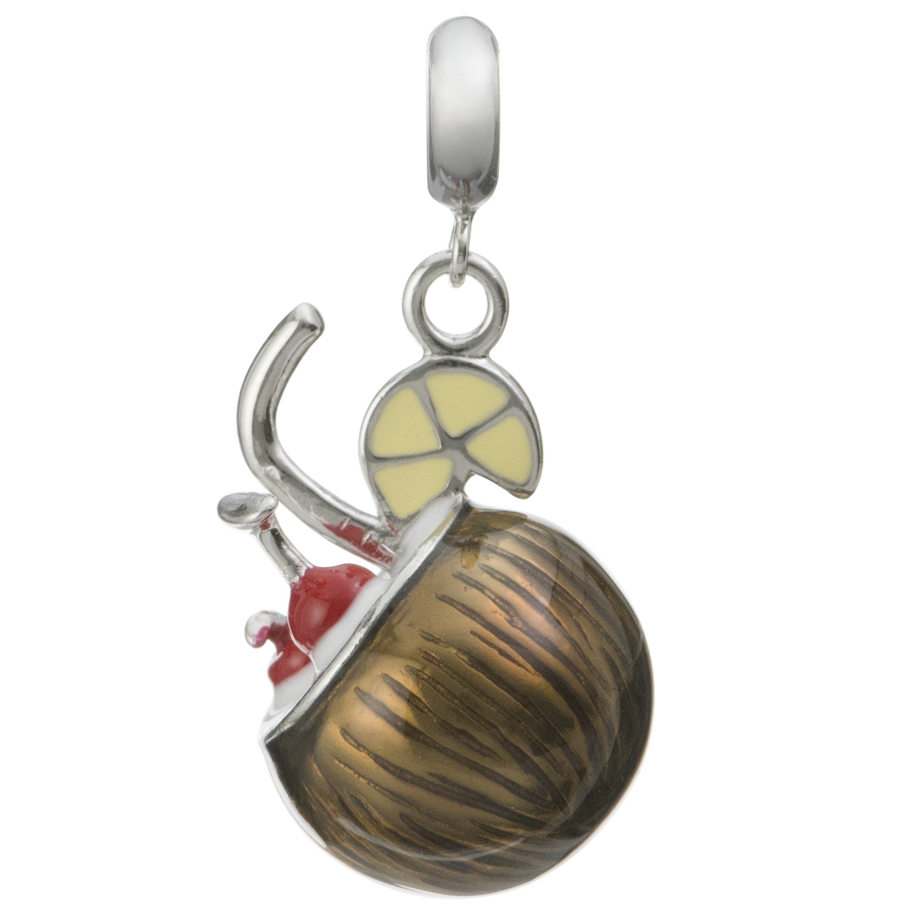 Queenberry Rhodium-plated Sterling Silver Coconut Cocktail Drink Enamel European Style Dangle Bead Charm