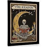 PHAMTE Boho Gothic Skeleton Reading Book Wall Art Decor Canvas 11x14, Celestial Moon Tarot Card Pictures Decorations, Goth Bookish Framed Prints Artwork for Reading Room Corner Nook Library Decor