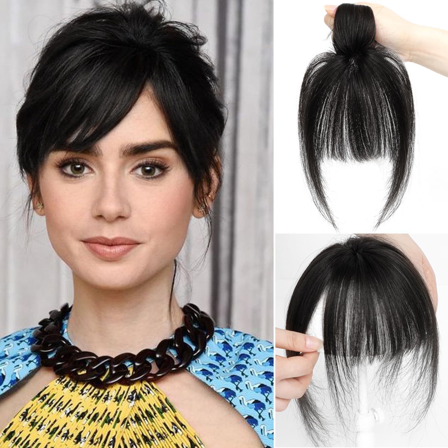 SEA SINGING Clip in Bangs Real Human Hair Extensions Air Bangs Hairpiecesfor Thinning Hair Women Real Hair 360°Clip on Bangs for Daily Wear Natural Black