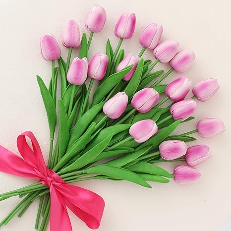 Amazon いい生活 本 人工 チューリップ 造花 ラテックス リアルタッチフラワー 緑の葉 フェイクフラワー 花束 観葉植物 にとって ホーム 結婚式 パーティー 庭園 オフィス 装飾 マゼンタ 本 造花 オンライン通販