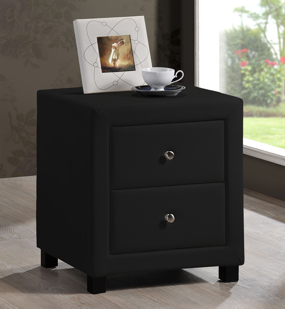 Stag Stores New Black Faux Leather 2 Drawer Bedside Cabinet Table