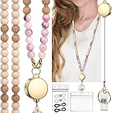 YAVVOZH Teacher Lanyard with Id Holder, Cute Lanyards for Id Badges Keys, Retractable Natural Wooden Beaded Lanyard for Women, Pale Pink