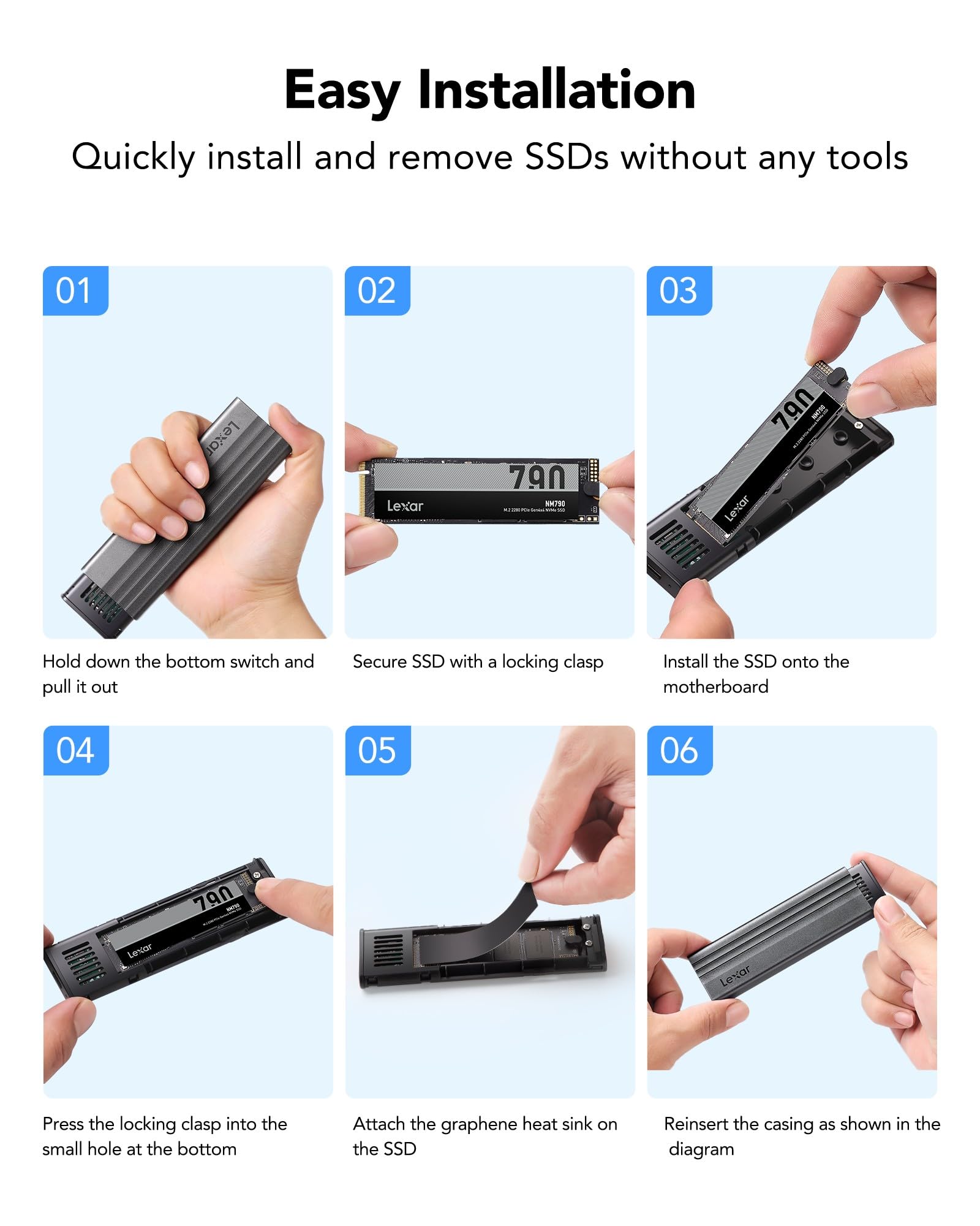 Lexar M.2 NVMe SSD-Gehäuse mit USB-C-Adapter, NVMe-Gehäuse mit 10 Gbit/s USB 3.2 Gen 2 für PCIe NVMe M-Key/M+B-Key-SSDs, externes M.2-SSD-Gehäuse in den Größen 2230/2242/2260/2280 6
