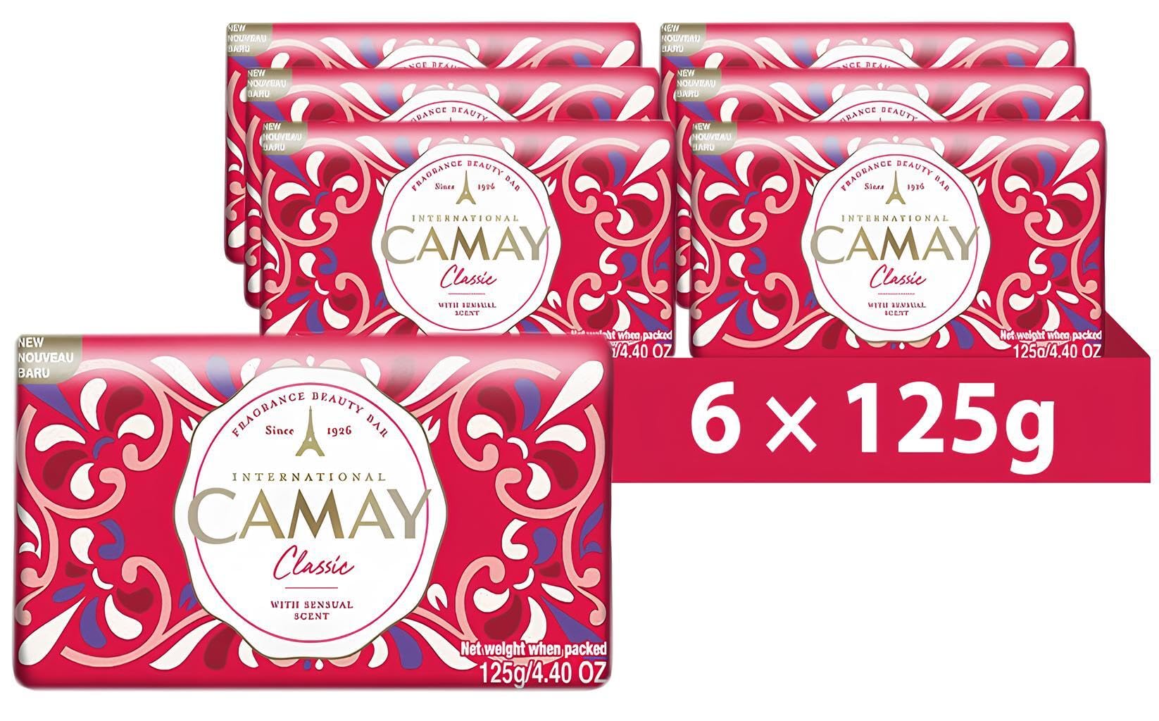 Camay Classic Soap Bar | Moisturising & Scented Beauty Bar for All Skin Types | Refreshing Gentle Cleanser Bath Soap w/Sensual Floral Scent for Hydrating, Smooth & Radiant Skin | 125g, Pack of 6
