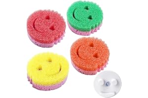4 Pack Sponges and Holder with Suction Cups, Smilly Cleaning Sponge, Scrubbers for Dishes and Home