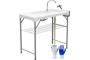 Outsunny Folding Fish Cleaning Table with Sinks, Camping Sink with Faucet Drainage Hose Sprayer Shelf Drawer Storage Basket, 