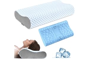 OLUMOON Neck Pillow Memory Foam Pillows - Cooling Neck Support Pillow for Pain Relief, Ergonomic Cervical Pillow for Sleeping, Orthopedic Contour Bed Pillow for Side, Back & Stomach Sleepers (Blue & Grey)