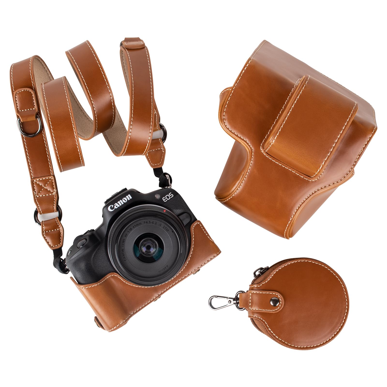 MUZIRI KINOKOO EOS R50 R100 Camera Case, Retro PU Leather Protective Case for Canon EOS R50 R100 DSLR Camera with 18-45mm Lens - with Bottom Opening & Shoulder Strap & Storage Pocket - Brown