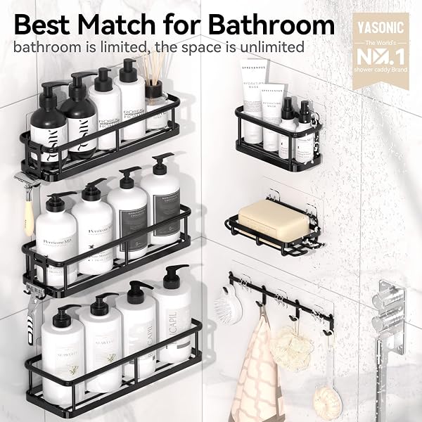 YASONIC SHOWER CADDY ADHESIVE, RUSTPROOF SHOWER ORGANIZER WITH SOAP HOLDER, LARGE CAPACITY SHOWER SHELVES FOR INSIDE SHOWER, NO DRILLING BATHROOM ORGANIZERS AND STORAGE FOR HOME DECOR 6 PACK BLACK