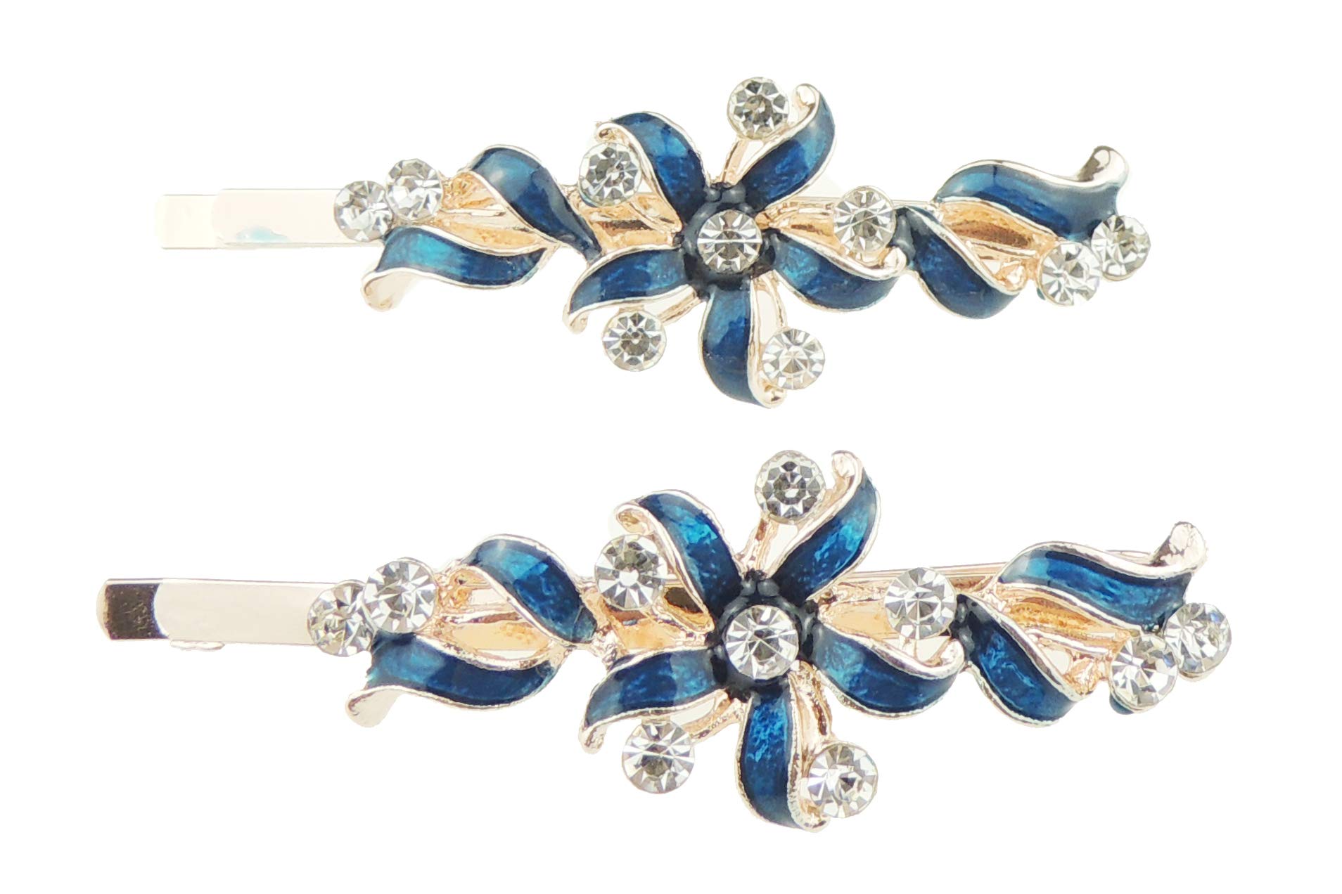 Womens Sparkly Bow Rhinestone Jeweled Crystal Diamante Party Christmas Bridal Wedding Accessories Slides Hairpin Hair Clips Grips Bobby Pins Set of 2 Swirly Enamel Pinwheel Flower (Turquoise)