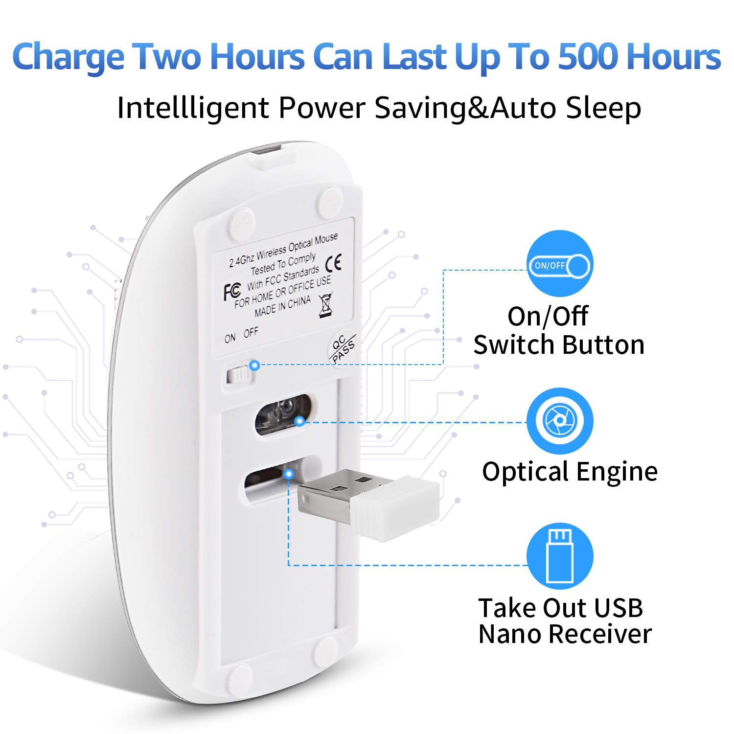 Wireless Mouse Laptop USB Type C Wireless Mouse Rechargeable 2.4GHZ Wireless Mouse Portable Slim Noiseless Click for Computer Windows 7/8/10/Vista/XP/MacBook,1600 DPI Mouse, Energy Saving (Silver)