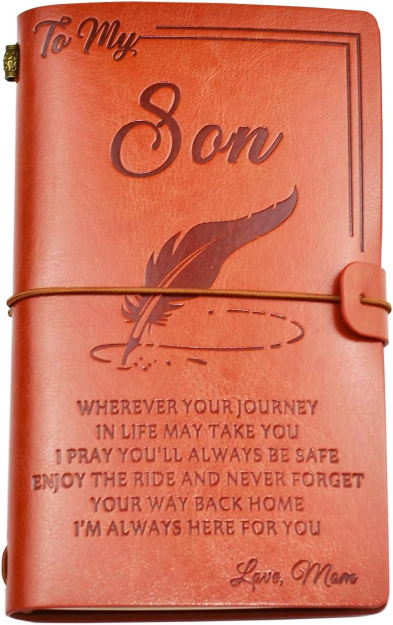 To My Son Leather Journal from Mom - Enjoy the Ride and Never Forget the Way Home Notebook - 136 Page Travel Diary Journal Sketch Book Graduation Back to School Gift for Boys