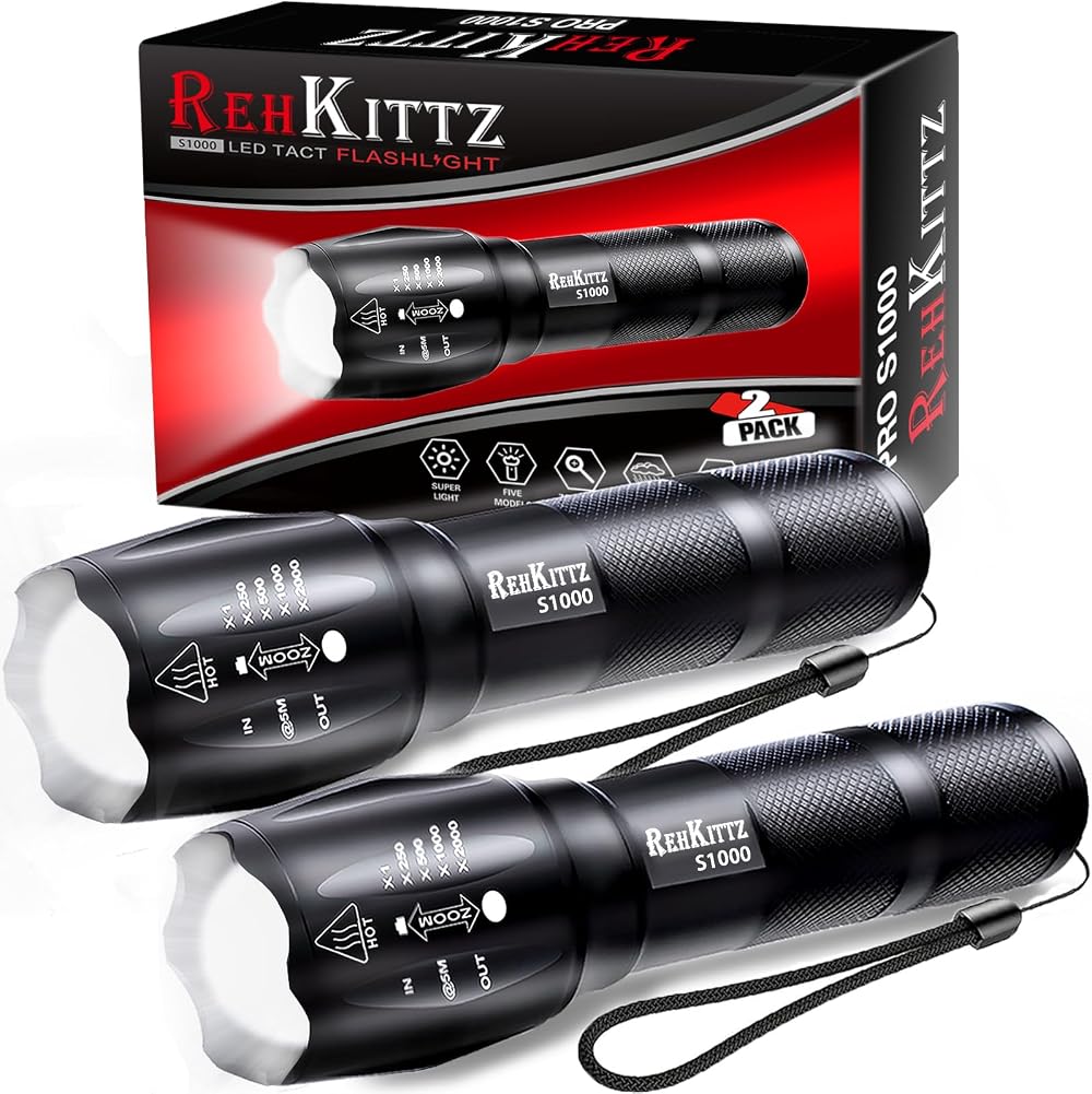 REHKITTZ 2000 Lumen LED Torch (2 Pack) Super Bright, 5 Modes, Focus Zoom