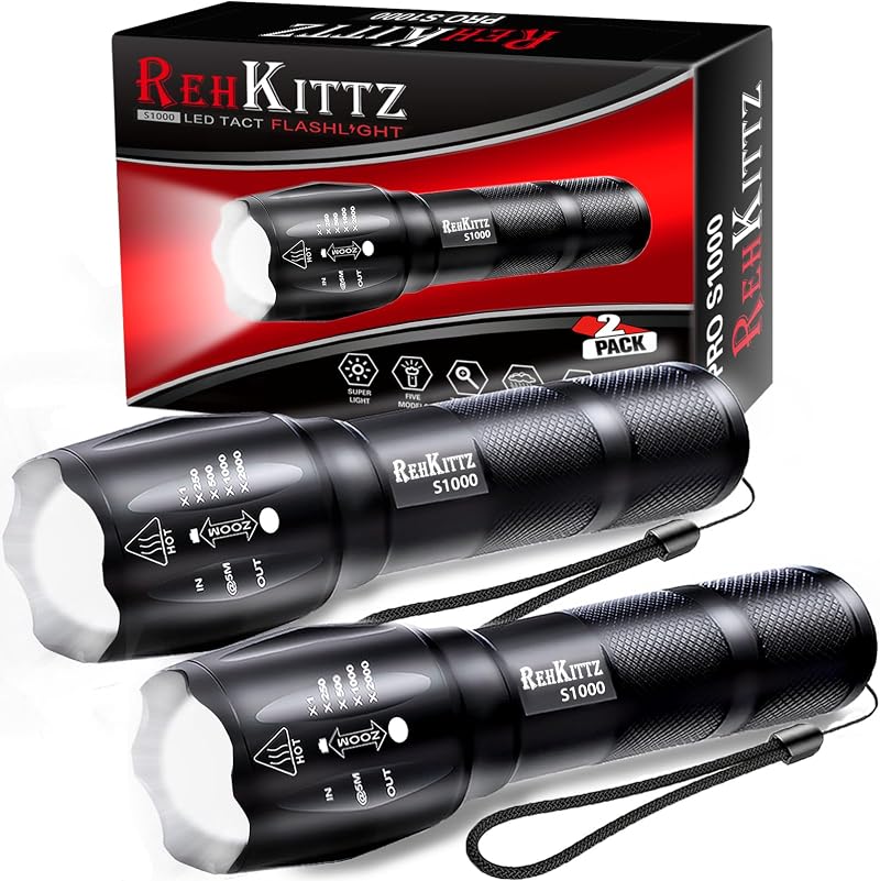 REHKITTZ 2000 Lumen LED Torch (2 Pack) Super Bright, 5 Modes, Focus Zoom
