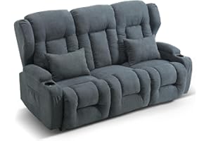 IPKIG 76.7" RV 3-Seater Recliner | Double Recliner RV Sofa with Flipped Middle Backrest | Linen Fabric Reclining RV | RV Theater Seats |RV Theater Seating | RV Furniture, Manual Recliner Chair (Blue)