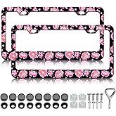 Pink Floral License Plate Frame - 2PCS Beautiful Pink Flowers Aluminum Metal License Plate Holder, Rust-Proof Waterproof Car Decorative Tag Frames