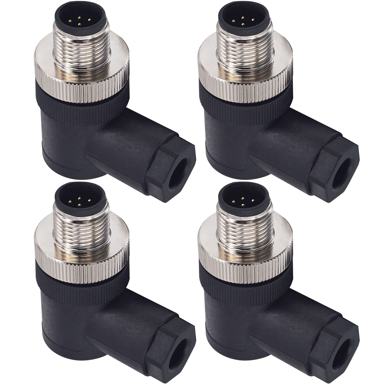 Lonlonty Right Angle M12 8-Pin Male Panel Mount Socket, 4-Pack Bulkhead Connector for Sensor Actuator, IP67 Waterproof 12mm Threaded Lock, AC 250V/5A Circular Signal Adapter