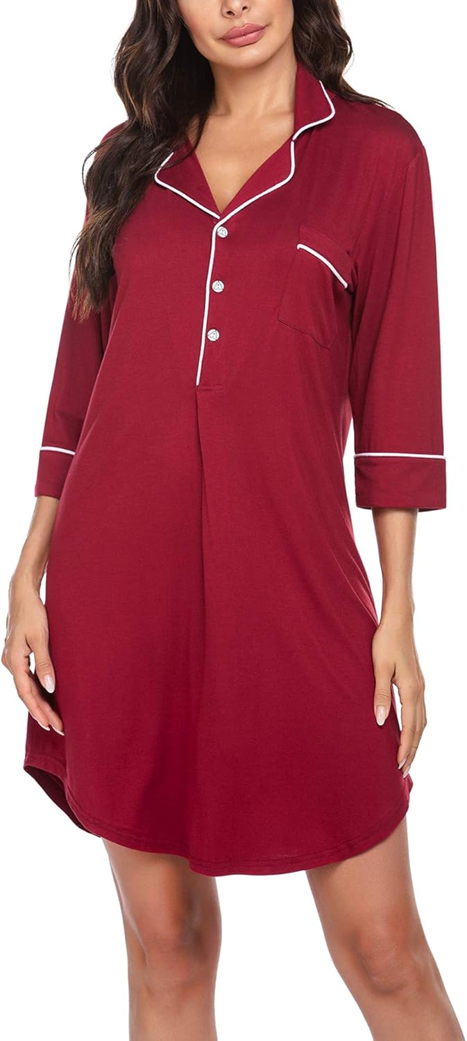 Ekouaer Nightgown Button Down Nightshirt 3/4 Sleeve &Half Sleeve Pajama Top Boyfriend Sleepshirt Nightdress for Women at  Women’s Clothing store