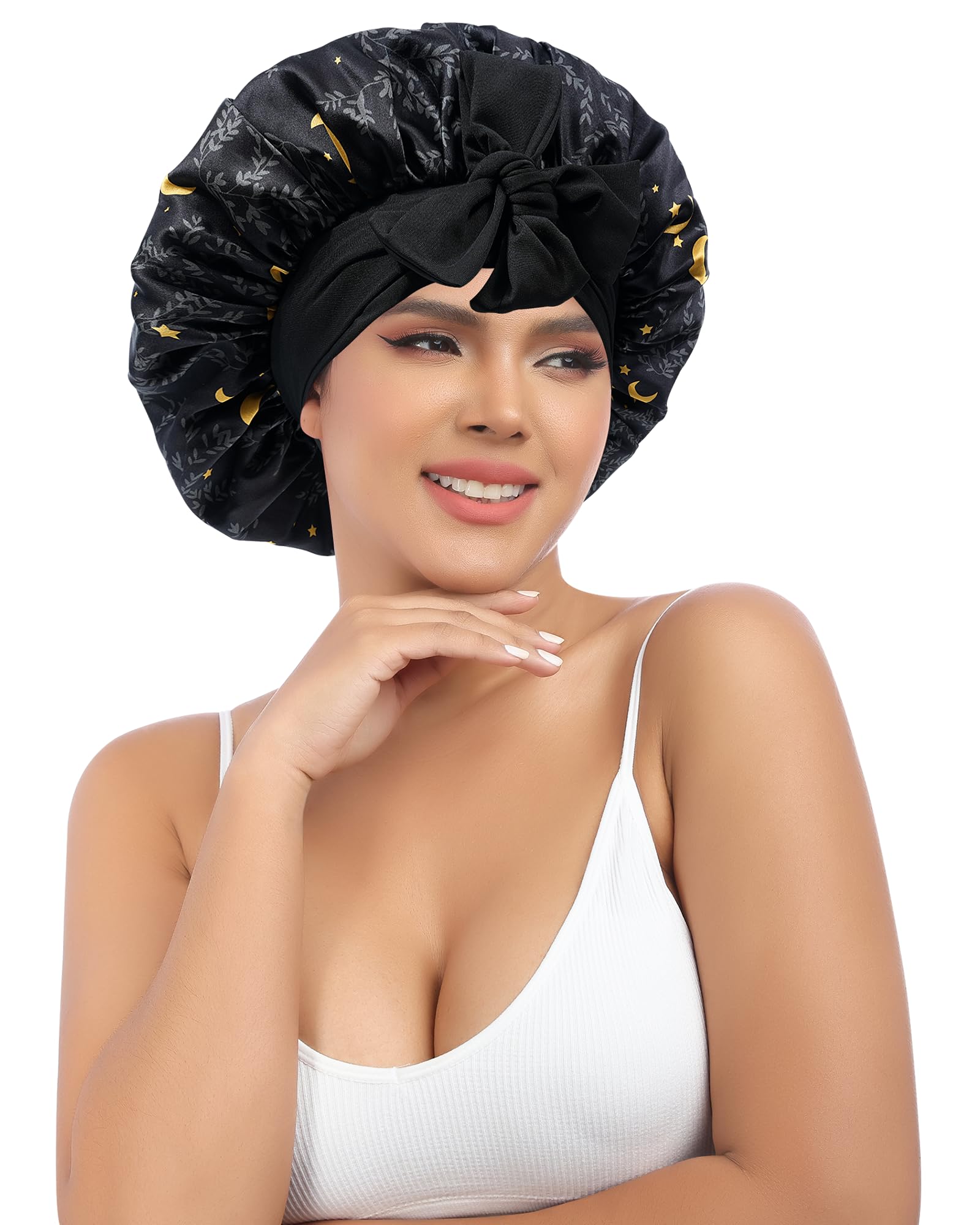 Photo 1 of AWAYTR Silk Bonnet for Sleeping Women 100% Mulberry Silk Bonnet with Band 2 Layer Reversible Hair Bonnet Sleeping Hair Wrap (Stars/Black)