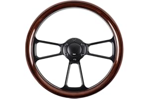 QYMOPAY 14 Inch Universal Wooden Racing Steering Wheel 6 Bolt Black Aluminum 3 Spoke Vintage Wood Grain Steering Wheel with Horn Button for Racing/Rally/Motorsports Black Line Steering Wheel