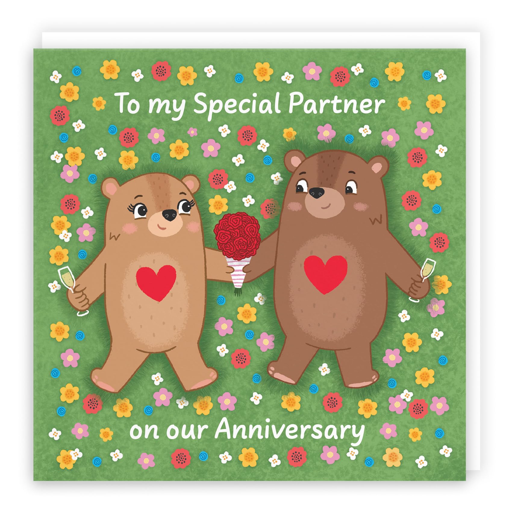 Hunts England - Cute Flowery Bears Partner Anniversary Card - Fun Bears Anniversary Card - Love Story Collection