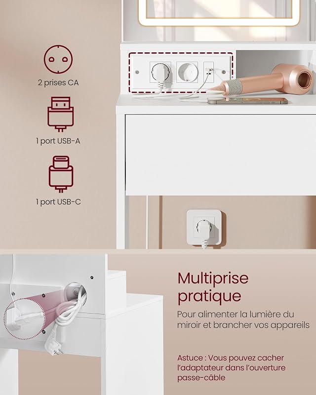 Coiffeuse avec Miroir LED, 1 Tiroir, 2 Étagères, Placard