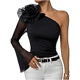 OYOANGLE Women's 3D Floral One Shoulder Asymmetrical Neck Long Sleeve Dressy Party Tee Tops