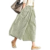 LOMON Womens Wide Leg Capri Pants Cotton Gingham Plaid Culottes Summer Elastic Waist Palazzo Trousers Bottoms with Pockets